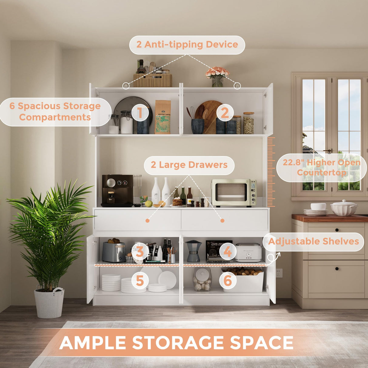 71" Kitchen Pantry Cabinet, Kitchen Hutch with Microwave Stand, Buffet Cabinet with Large Storage Drawers for Dining Room (White) Bobve