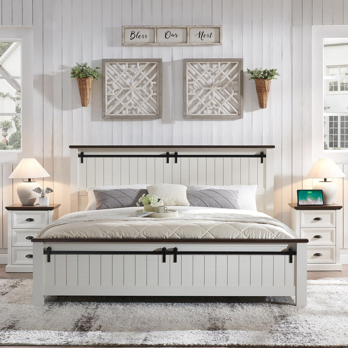 Farmhouse King Size Bed Frame with Sliding Barn Door Footboard and 47" Headboard in White IFGET