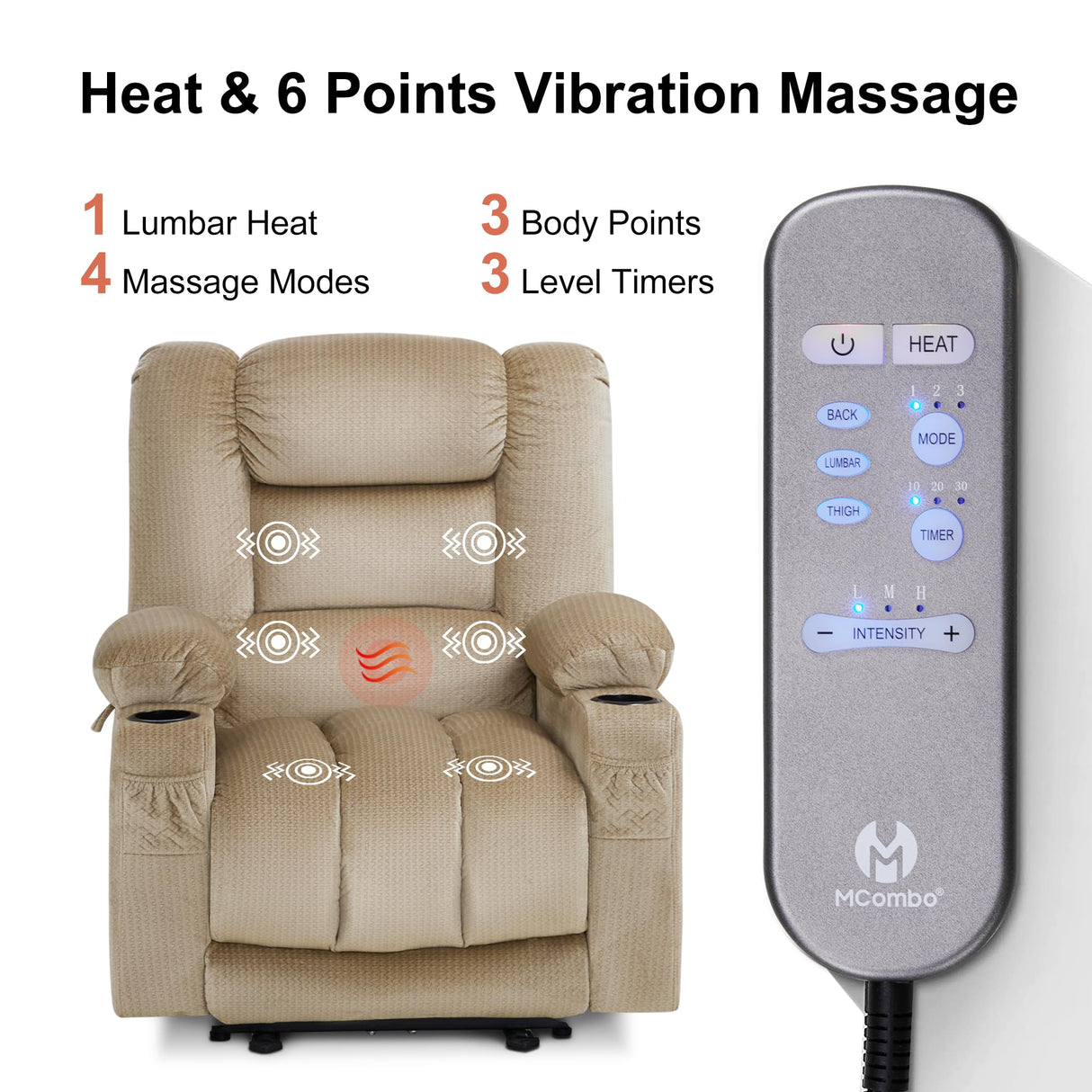 MCombo Zero Gravity Power Recliner Chair with Heat and Vibration Massage, Reclining Chair with USB & Type C Ports, Cup Holders for Living Room, Fabric PR670 (Beige Large 25.5" Seat Width) MCombo