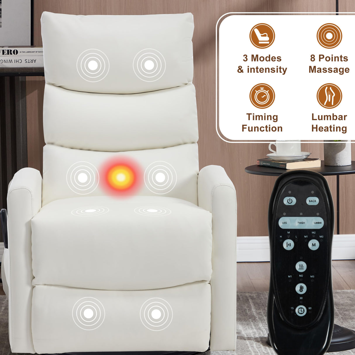Manual Swivel Rocker Recliner Chair with Vibration Massage, Overstuffed Glider Chair with Lumbar Heat for Nursery, Living Room Reclining Sofa Chair, Faux Leather White Luxlen