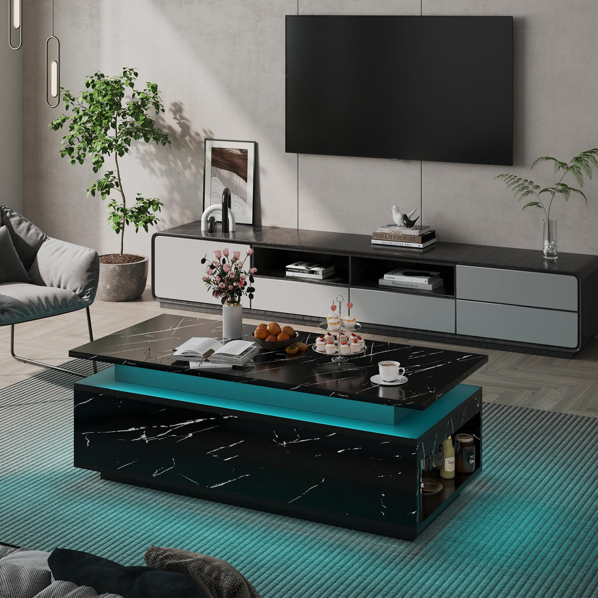 PPorfamilia LED Coffee Table with Storage, Black Coffee Table with Wireless Charging and Bluetooth Speaker, High Glossy Modern Center Table with 24-Color LED Lights for Living Room Bedroom PPorfamilia