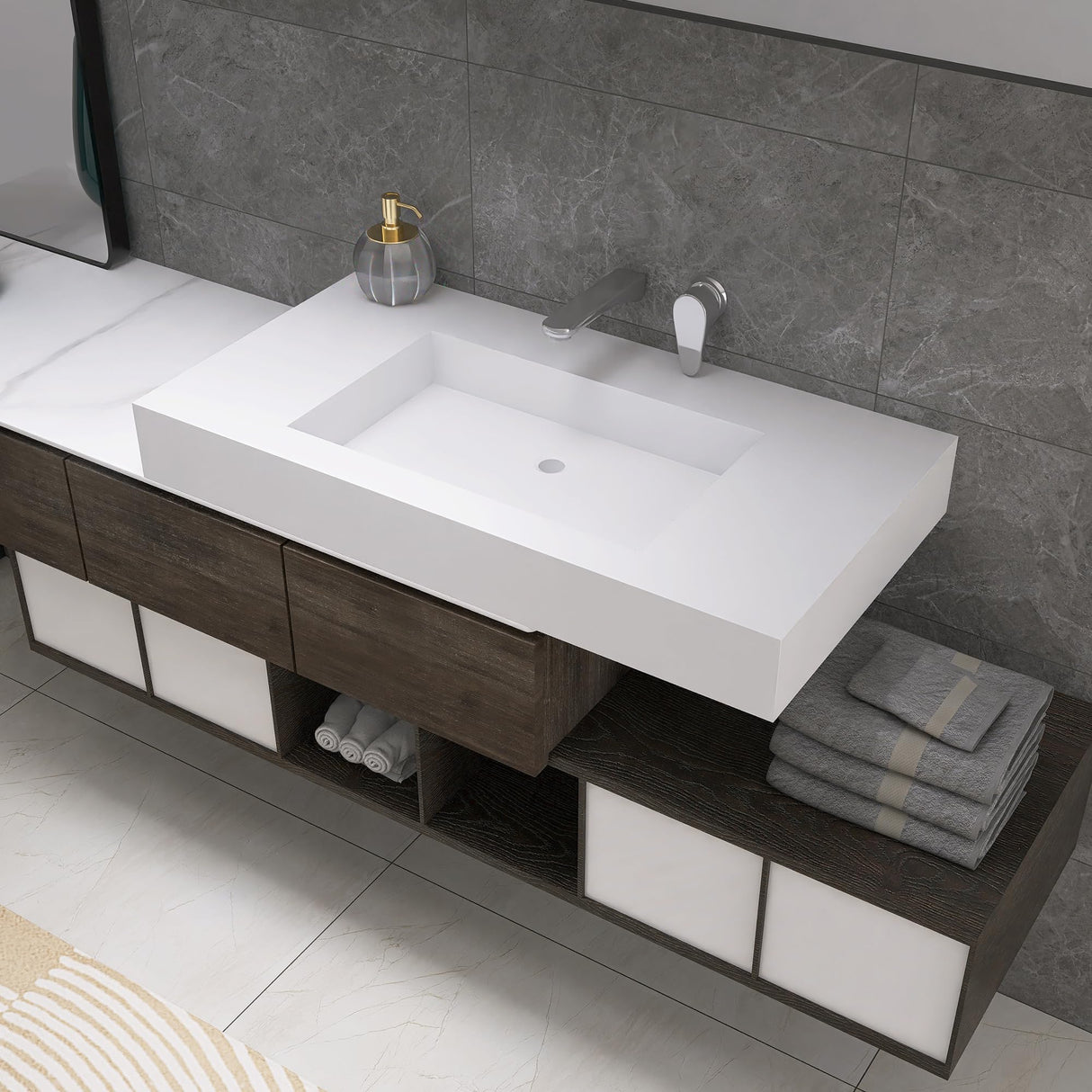 MEDUNJESS 35 inch Stone Resin Wall Mounted Floating Sink, Bathroom Vanity with Sink Solid Surface Bathroom Pedestal Sink Basin with No Hole, Matte White MEDUNJESS