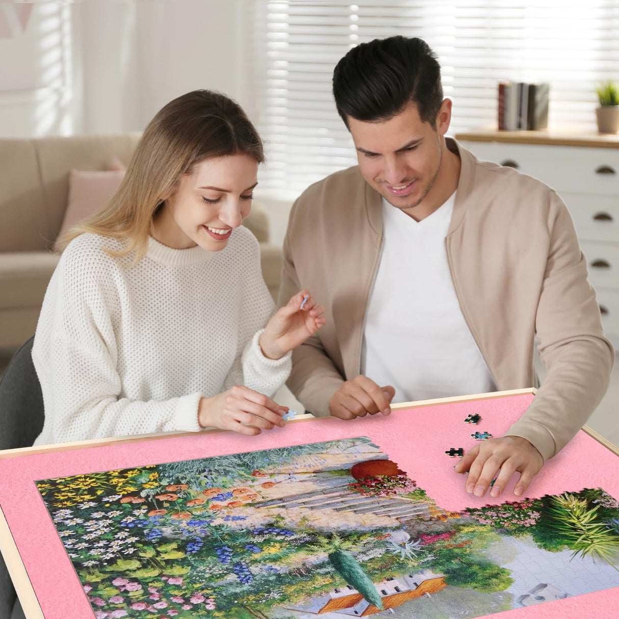 Pinikuyiro Pink Puzzle Table with Drawers and Wheels,Height Adjustable Jigsaw Puzzle Table with Metal Legs,Tilting Folding Puzzle Board for 1500 Pieces Puzzles Pinikuyiro