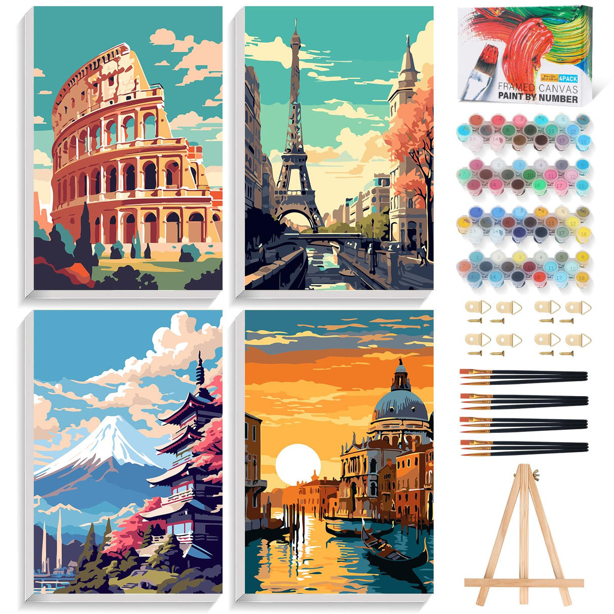 Offito 4 Pack Framed Paint by Numbers Kit for Adults Beginners with Wooden Easel, Landscape Easy Paint by Number Kit with Frame, Watercolor Adult Paint by Number Framed Canvas (8 * 12 Inch) Offito