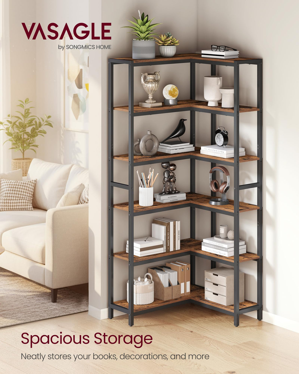 VASAGLE 6 Tier Bookshelf with Metal Frame, Convertible Industrial Corner Shelf, 9.4 x 40.2 x 69 Inches, for Living Room, Bedroom, Home Office, Rustic Brown and Ink Black ULLS606K01 VASAGLE