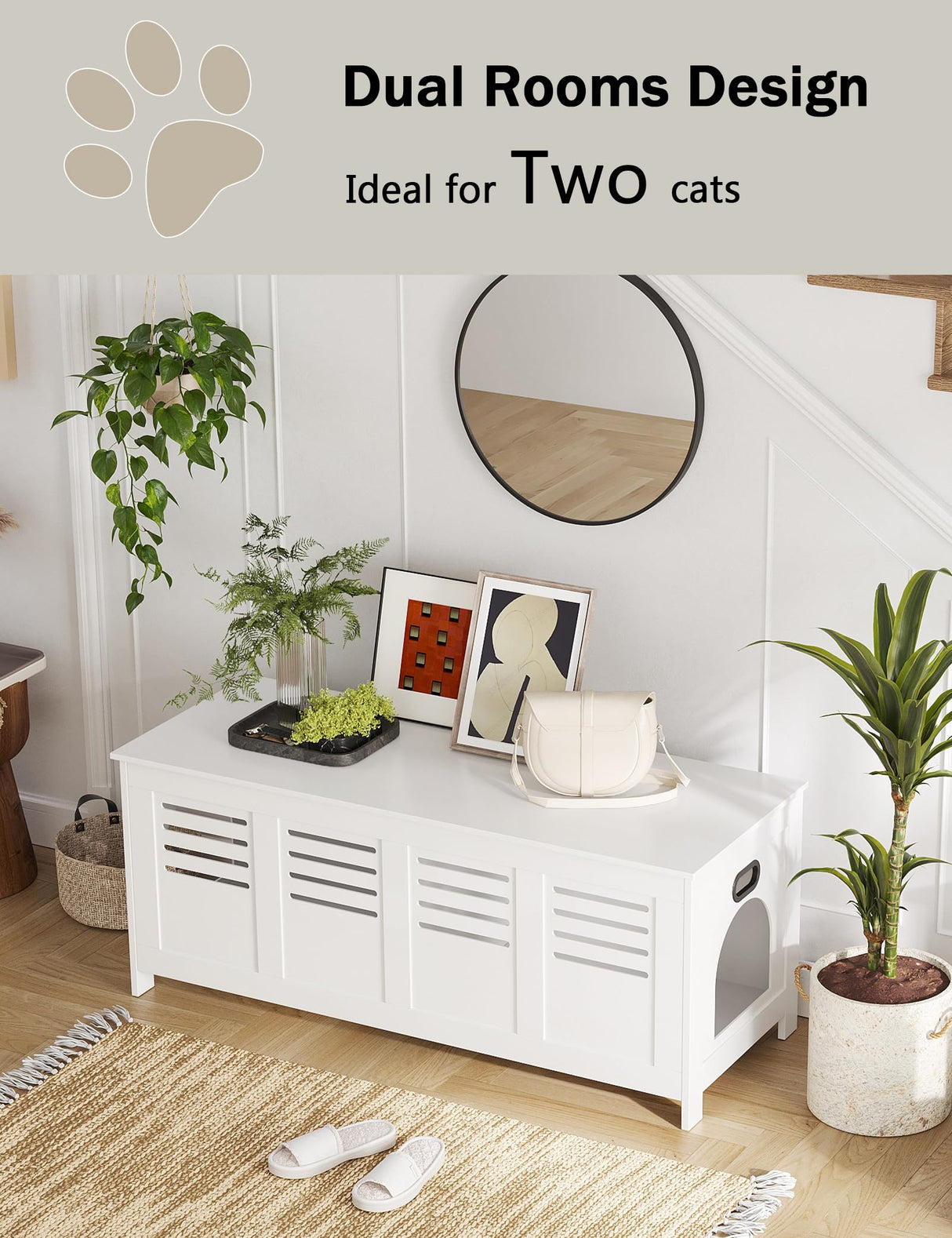 DINZI LVJ Litter Box Enclosure Furniture for 2 Cats, Top Opening Hidden Litter Box with Double Rooms, Dual Cat House with Good Ventilation, 47.2" Wooden Cat Washroom, White DINZI LVJ