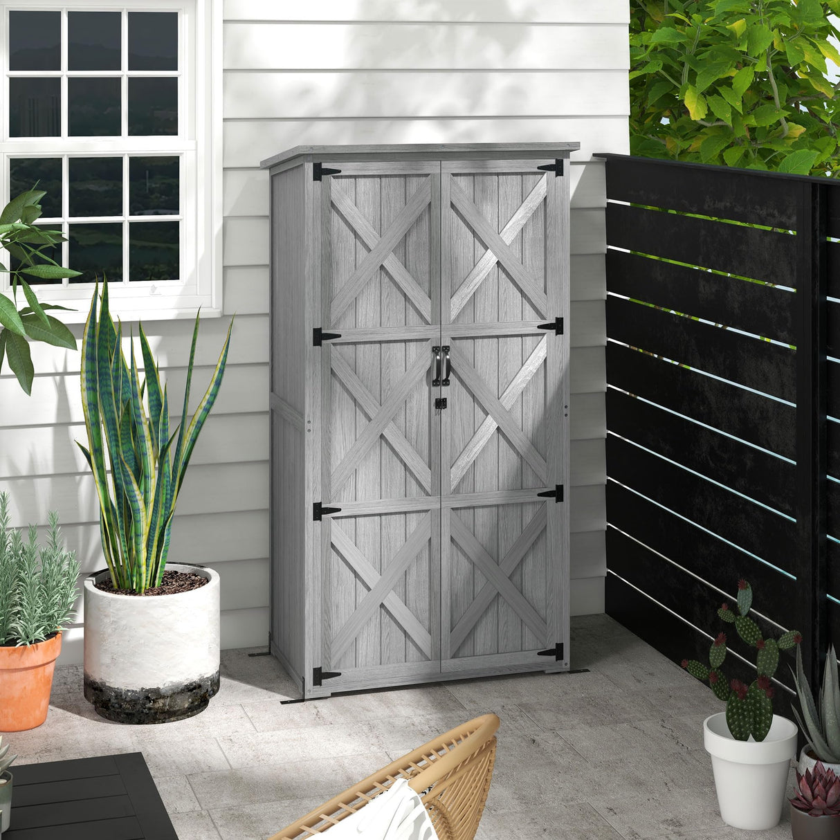 Outsunny Wooden Garden Shed, Outdoor Storage Cabinet with Waterproof Asphalt Roof, Narrow Tool Shed with Shelves and Lockable Doors, Gray Outsunny