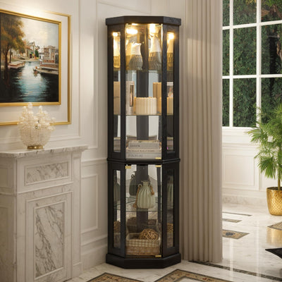 Eyisean 70" Lighted Glass Corner Curio Cabinet, Display Cabinet with Elegant Tempered Glass Door, China Cabinet with Light Bulb, Mirrored Back Panel, Rack for Living Room Storage (Black)