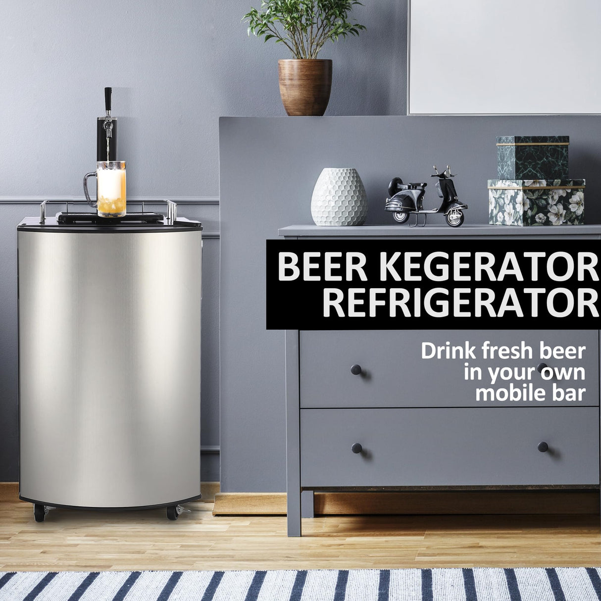 TROPOW Beer Kegerator, Single Tap Draft Beer Dispenser, Full Size Keg Refrigerator With Shelves, Stainless Steel, Drip Tray & Rail,silver, 128L TROPOW