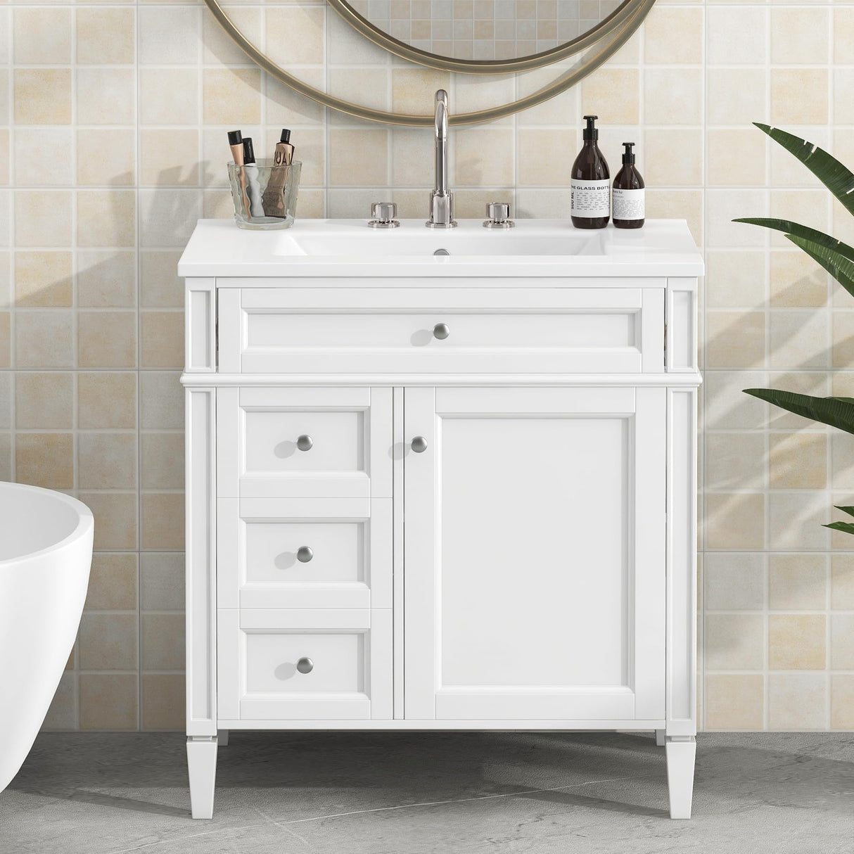 Virubi 30'' Bathroom Vanity with Single Sink Combo, Modern Bathroom Storage Cabinet with 2 Drawers, 1 Pull Down Drawer and 1 Door, Freestanding Bathroom Vanities, Soft Closing, Solid Wood Frame Virubi