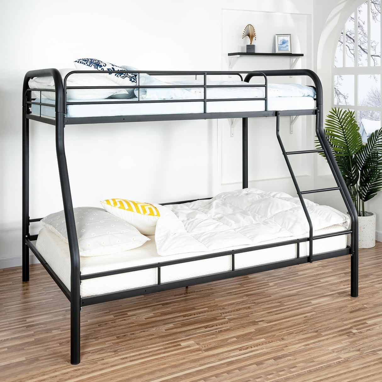 Hollywood Bunk Beds Twin Over Full Size, Heavy Duty Metal Bunk Bed with Safety Guardrails, Angled Ladder, Underbed Storage, 800LBs capacity - for Kids and Teens, Twin over Full Bunk Bed, Black Naomi Home