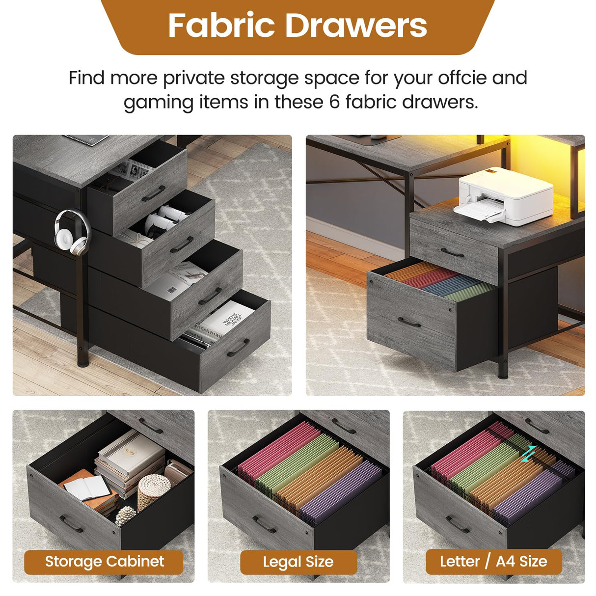 SEDETA L Shaped Desk with 6 Drawer, 108" Home Office Desk with File Drawer & Power Outlet, Corner Computer Desk with Monitor Shelf, Two Person Desk, Gaming Desk with Led Lights, Grey SEDETA