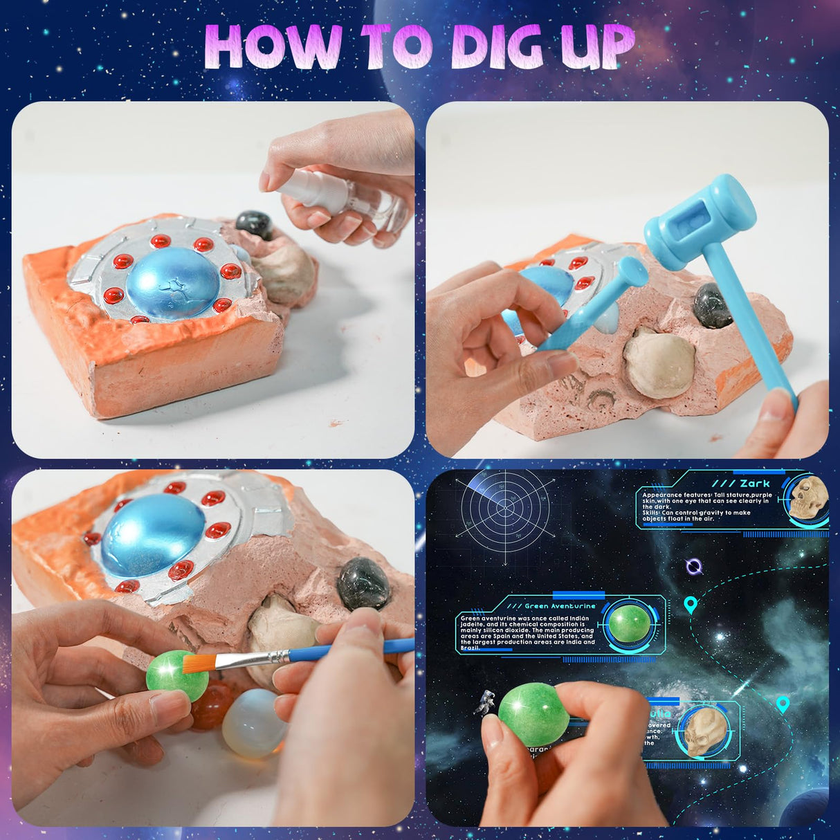 Rileryan Dig Kit, Dig Up 12 PCS Real Gemstones Crystals and Alien Skulls with Dig Tools, Rock Dig Kit Spaceship Explore Discovery Dig Monster for Easter Gifts Rileryan