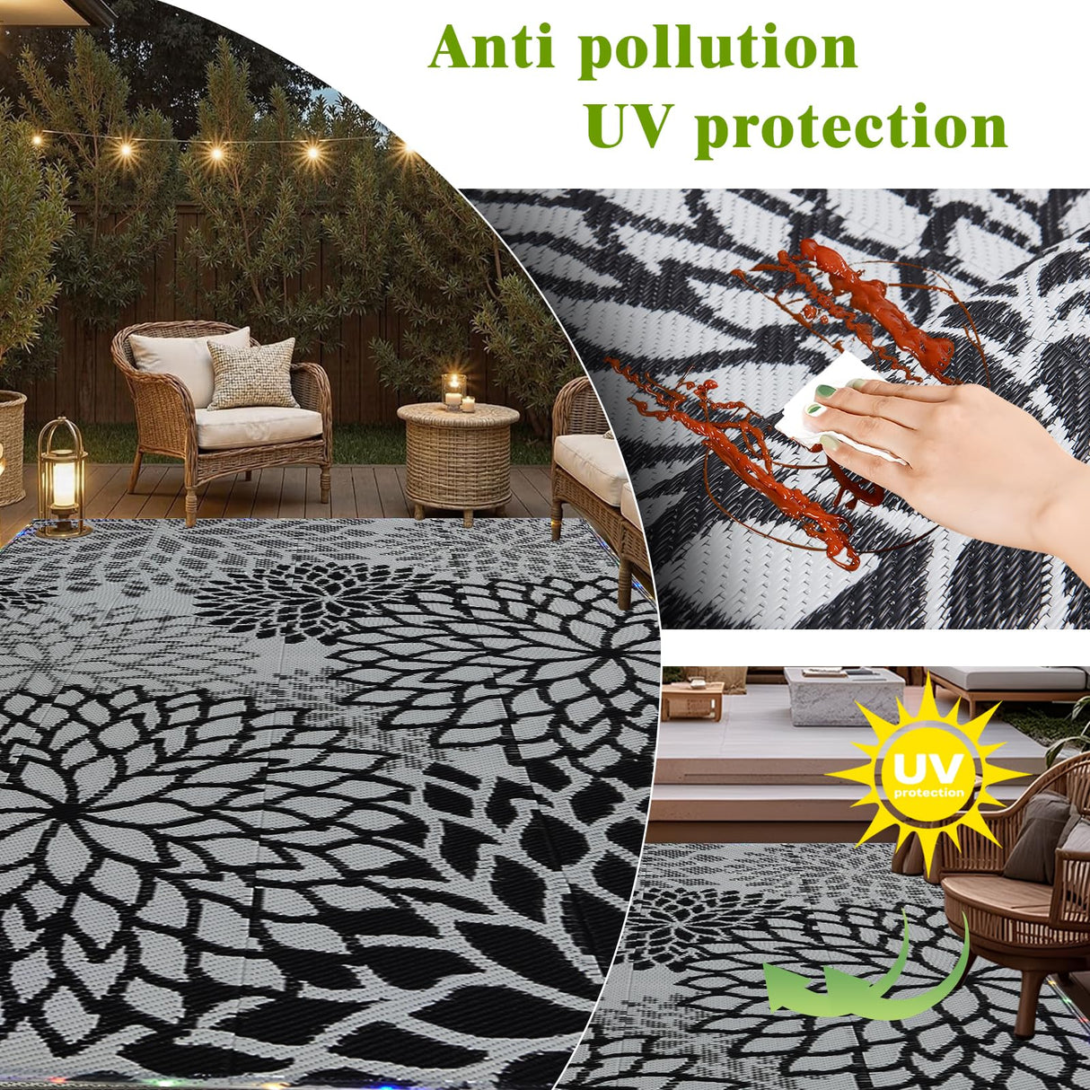 YONILE Outdoor Rug 9x12 ft with LED Light, Waterproof Reversible Outdoor Plastic Straw Rug for Patios Clearance, Large Outdoor Area Rug Carpet RV Mat for Camping Backyard Deck Porch Beach YONILE