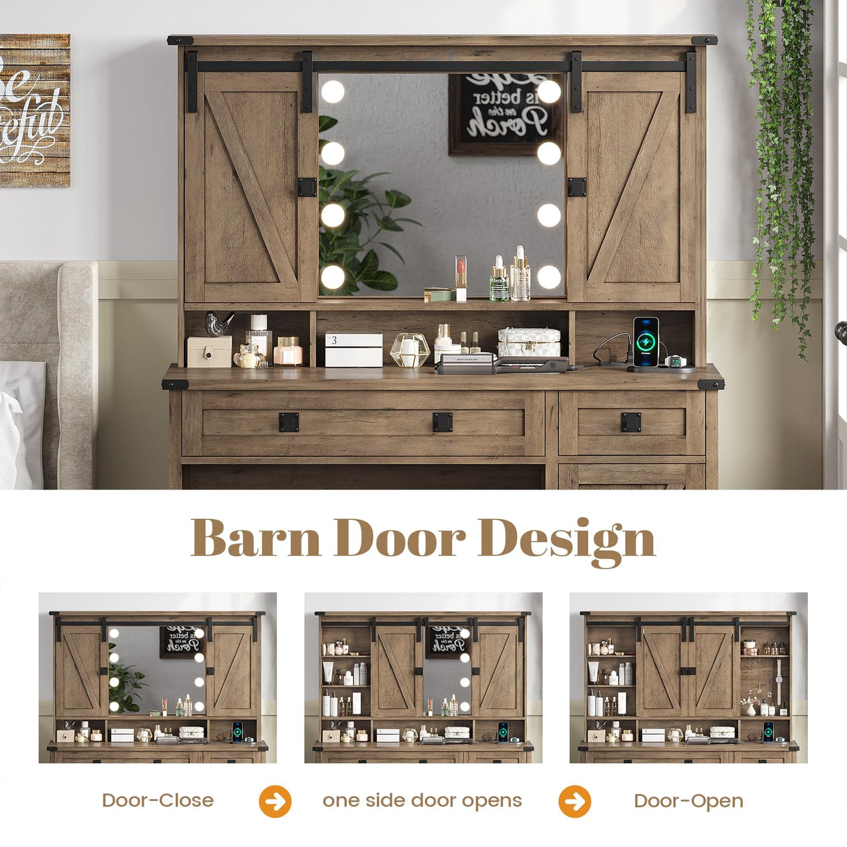 AOGLLATI Makeup Vanity with Lights & Barn Doors, Vanity Desk with Mirror and Lights & Charging Station, Farmhouse Brown Vanity Table with Jewelry Hooks and Open Storage Shelves AOGLLATI