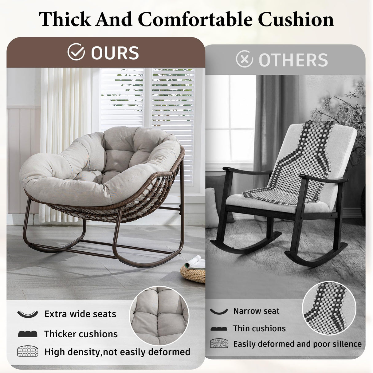 Large Indoor Outdoor Rocking Chair, Oversized Rocking Papasan Chair with Thick Cushion and Frame Outdoor Rocker, Comfy Wicker Egg Chairs Lounge for Outside Porch Patio Backyard Balcony (Beige) SLEERWAY