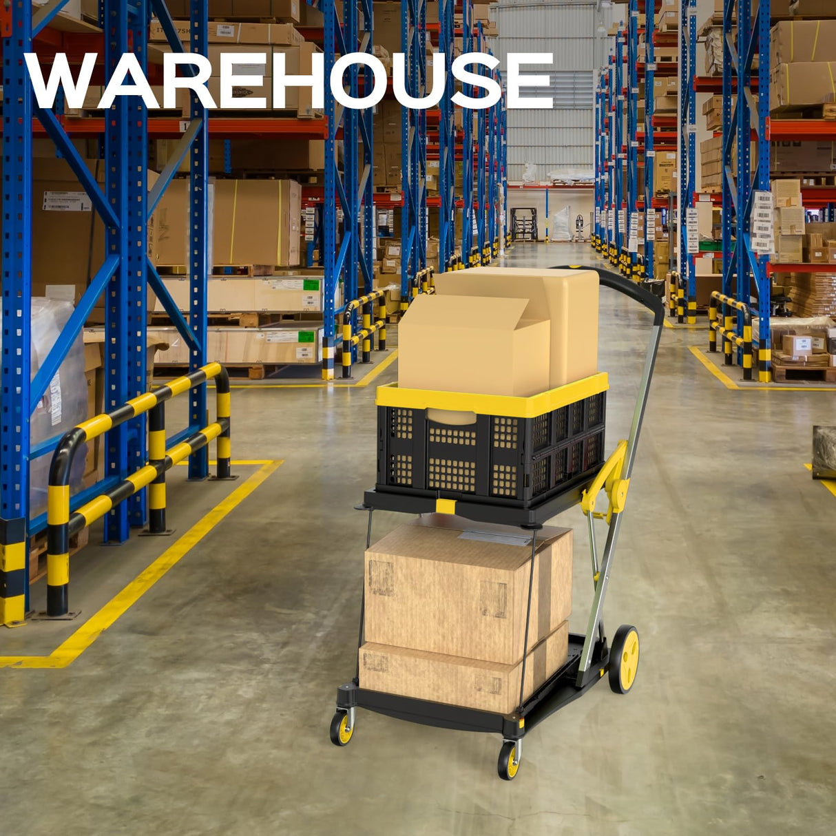 TOLRET Utility Cart, 200 lbs Capacity Folding Shopping Cart, Multi-Functional Collapsible Cart, Platform Hand Truck with Foot Brake, Grocery Cart on Wheels Foldable with Storage Crate, Yellow TOLRET