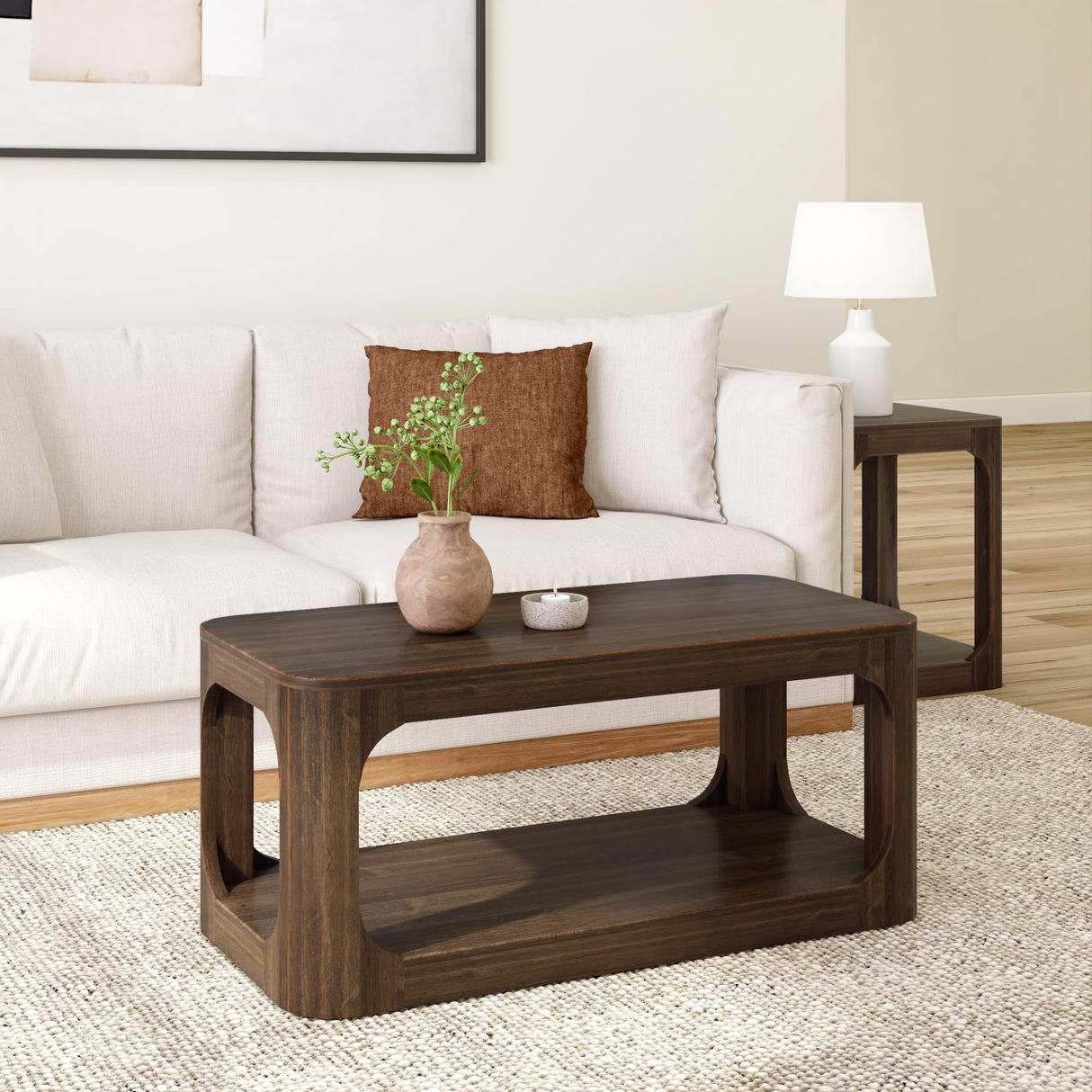 Plank+Beam Small Forma Coffee Table, Solid Wood 40 Inch Modern Coffee Table with Shelf, Contemporary Center Table with Storage Space, Rectangle Tea Table with Storage, Walnut Plank+Beam