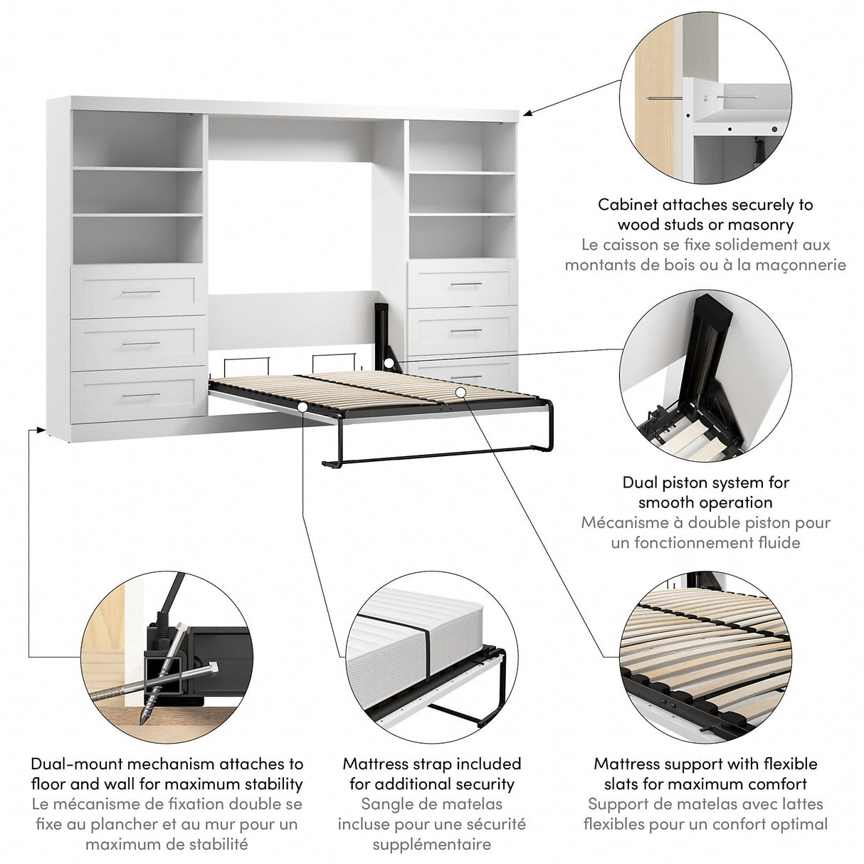 Bestar Pur Full Murphy Bed and 2 Shelving Units with Drawers, 131-inch Space-Saving Wall Bed Bestar