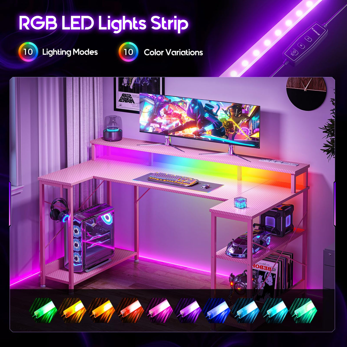 ODK 48 Inch Gaming Desk with LED Lights and Power Outlet, U-Shaped Computer Desk with Monitor Stand and Storage Shelves, PC Gamer Table for Home Office, Carbon Fiber Pink ODK