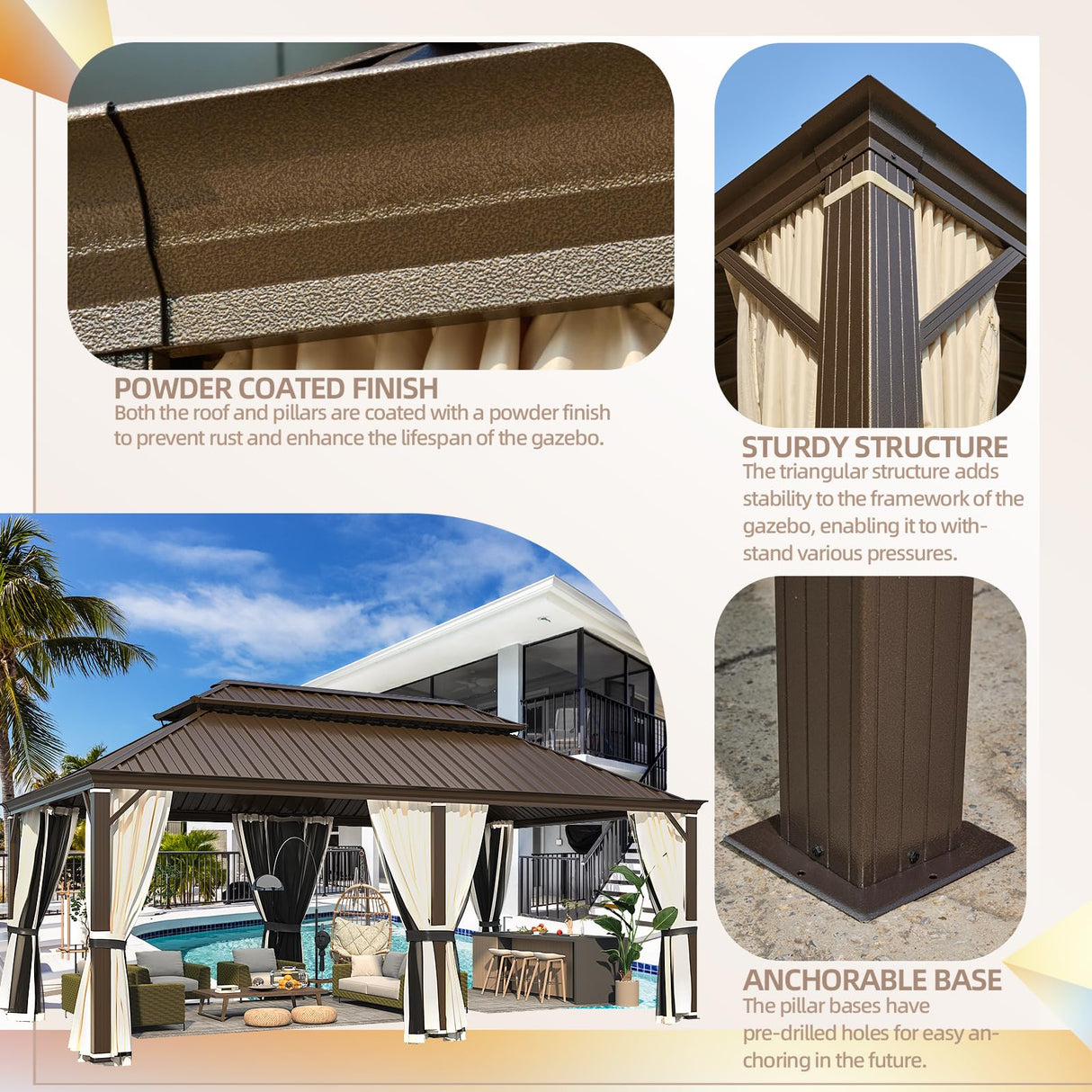 YOLENY 12' x 20' Gazebo, Galvanized Steel Double Roof Hardtop Gazebo with Aluminum Frame, Permanent Outdoor Metal Pavilion with Curtain and Netting for Patio, Lawn and Garden YOLENY