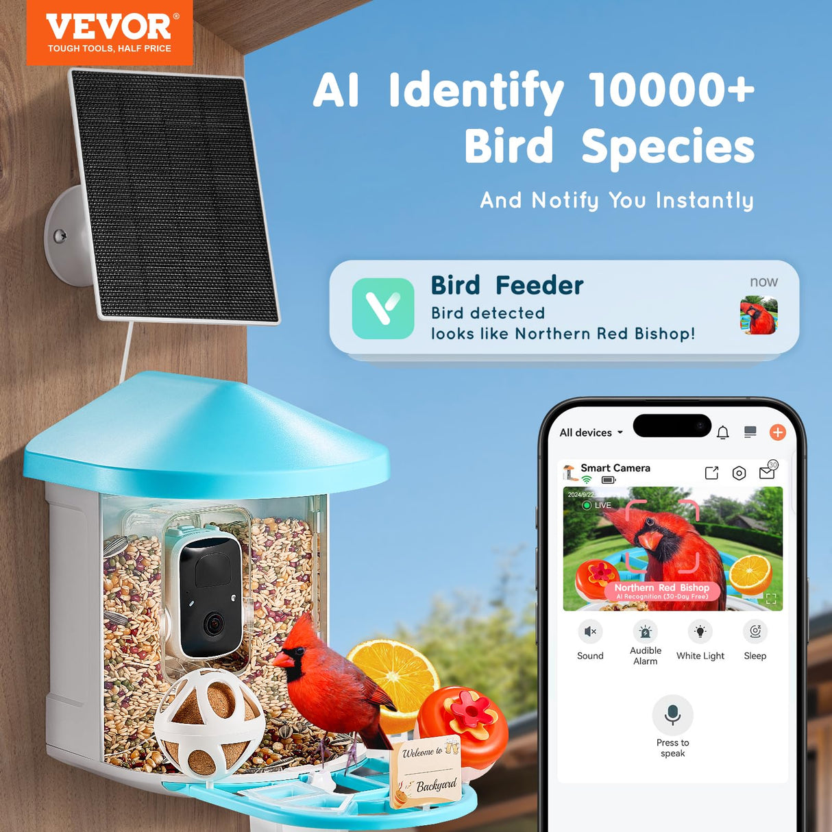 VEVOR Bird Feeder with Camera, Smart Bird House Camera Solar Powered, Wireless Vedio Birdhouse with AI Identify Resolution, 2K Full HD, Auto Detect & Notify, Ideal Present Choice for Bird Lover VEVOR