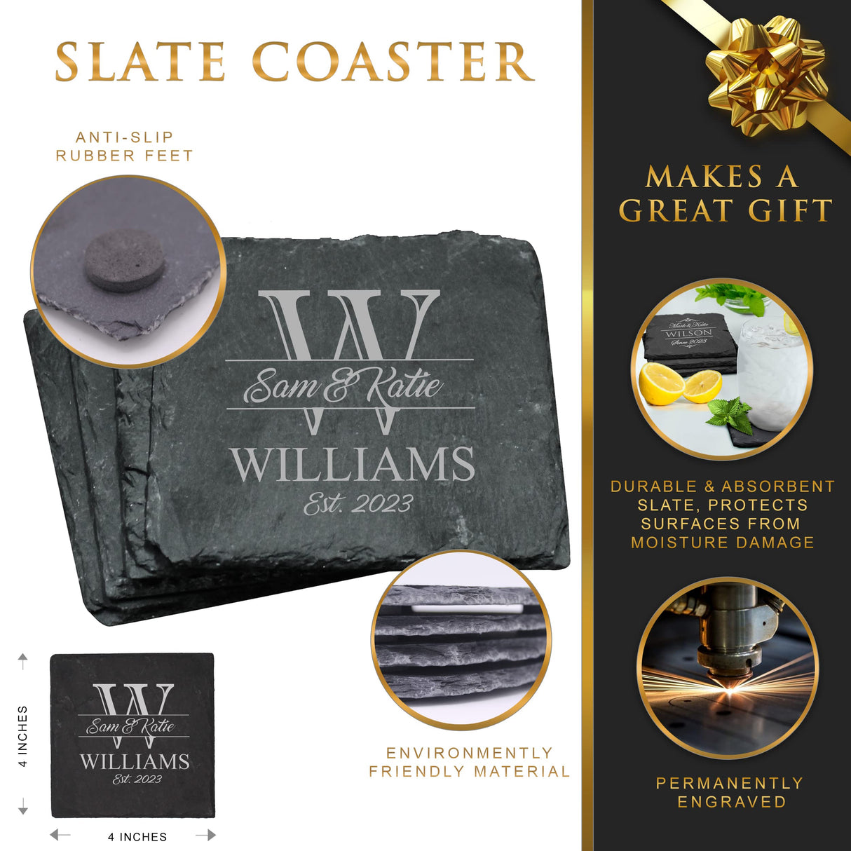 Custom Engraved Slate Coasters Set of 4 - Monogrammed Coasters for Drinks, Weddings, Couples, Anniversaries - Personalized (Square) My Personal Memories