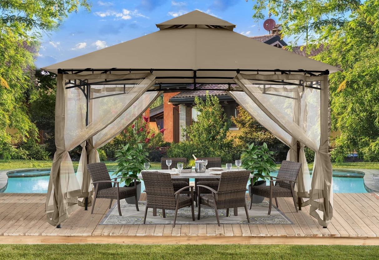 ABCCANOPY Gazebos for Patios 10x12 - Outdoor Steel Frame Gazebo with Mosquito Netting for Lawn Backyard Garden Deck (Khaki) ABCCANOPY