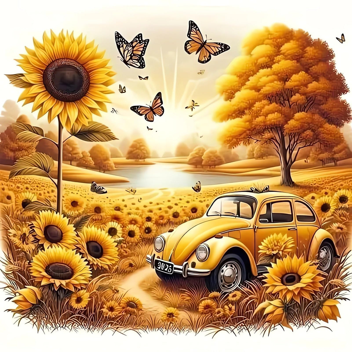 DIY Car Sunflower Diamond Art Kits for Adults, 5D Diamond Painting for Beginners, Diamond Dot, Small Dimond Art Paintings Kit, Full Drill Gem Painting, Crafts for Adults, Home Wall Decor 14x14inch Rekxtmo