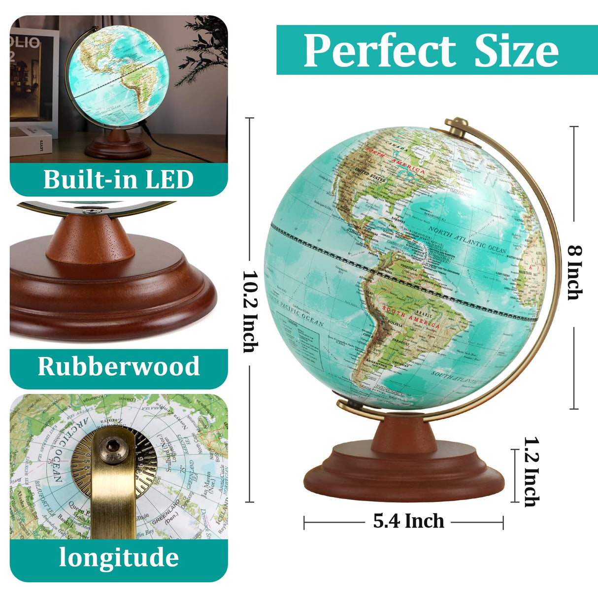 JOWHOL Illuminated Globe of the World with Wooden Stand, 8'' World Globe for Kids & Adults' Learning Built-in LED Night Light, Home Office Classroom Decor Geography Gifts(Elegant Turquoise) JOWHOL