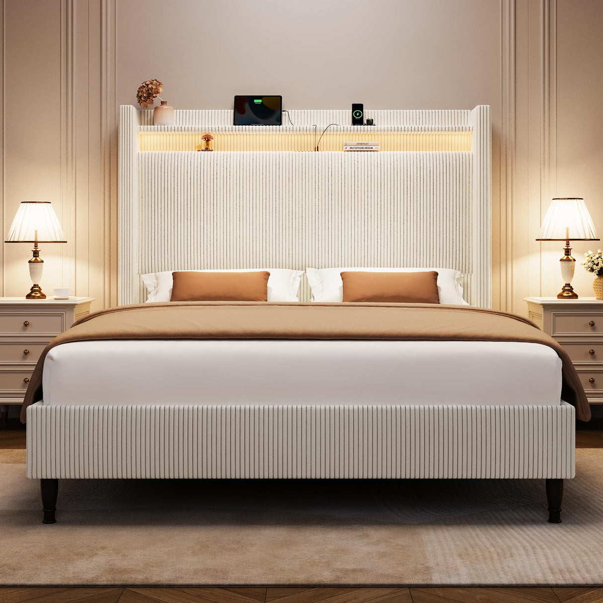 Queen Bed Frame with Tall Headboard, 55.3" Upholstered Platform Queen Size Bed Frame, Elegant Corduroy Wingback Bed with LED Lights & Charging Station, No Box Spring Needed, Solid Wood Slats, Cream Welzona