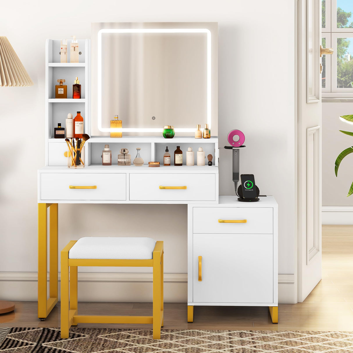 YITAHOME Vanity Desk with Mirror and Lights, Makeup Vanity Table with Power Outlet, Drawers, Vanity Table Set, 3 Lighting Modes Brightness Adjustable, Bedroom (White) YITAHOME