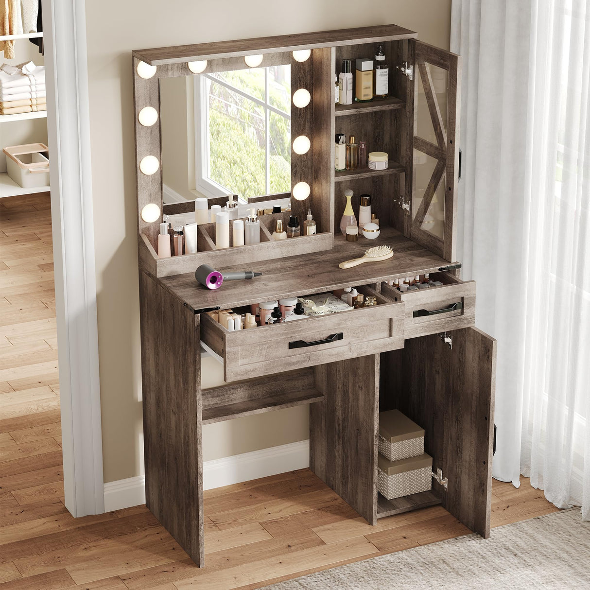 NEDYO Vanity with Mirror and Lights, Farmhouse Vanity Desk, Makeup Vanity Table Set, Small Wood Vanity with Chair, Vintage Large Light Bulbs Dimmable Mirror, Shelves and Drawers. Oak NEDYO