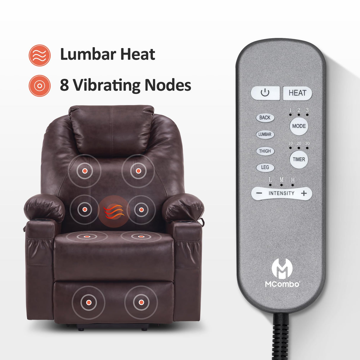 MCombo Large Lay Flat Dual Motor Power Lift Recliner Chair Sofa with Massage and Heat, USB Ports, Extended Footrest, for Elderly People, Infinite Position, Faux Leather 7815 (Dark Brown) MCombo