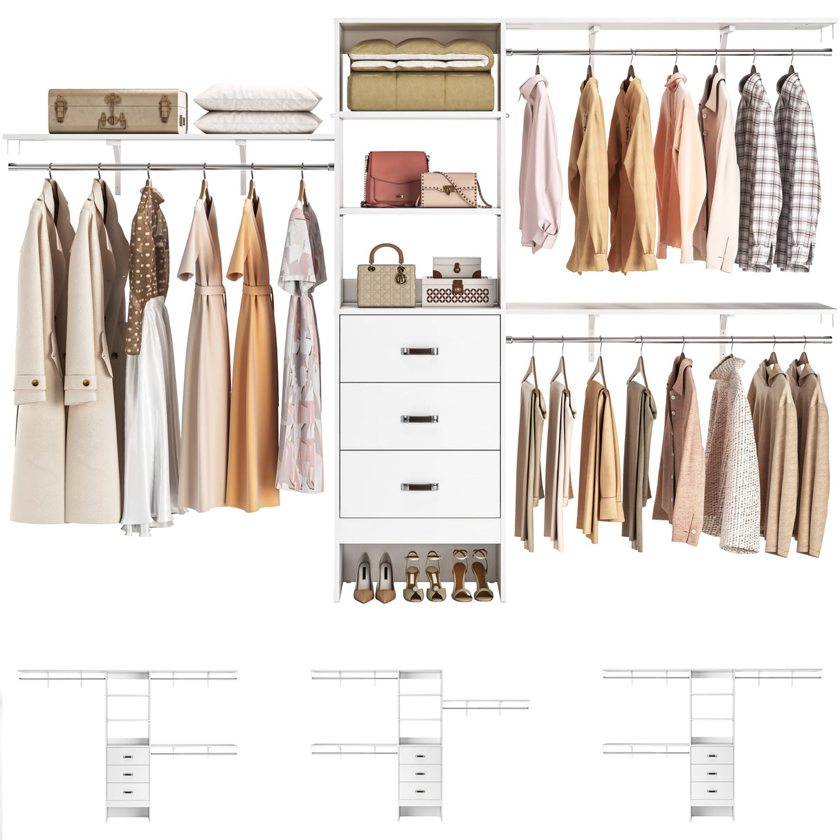 Armocity 120 Inches Closet System, 10FT Walk In Closet Organizer with 3 Shelving Towers, Heavy Duty Clothes Rack with 3 Drawers, Built-In Garment Rack, 120" L x 16" W x 75" H, Max Load 1300 LBS, White armocity