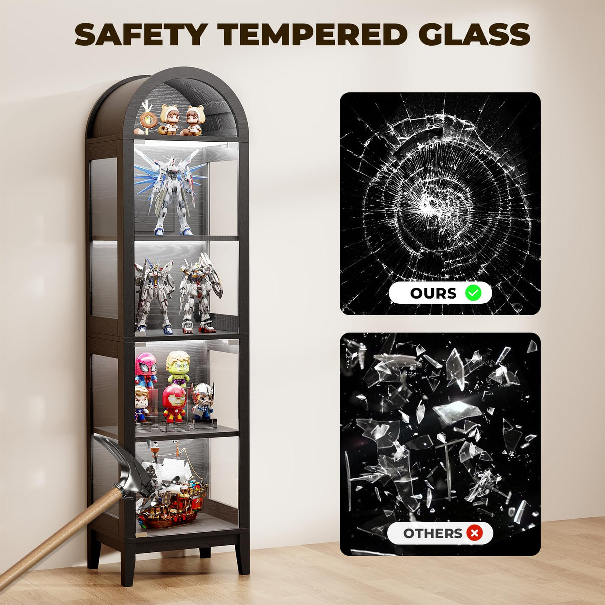 BROTTAR 71" Tall Arched Display Cabinet with Glass Doors, 5-Tier Curio Cabinet with LED Lights for Collectibles, Books, Showcase Glass Display Case with Human Body Sensor for Living Room, Black BROTTAR