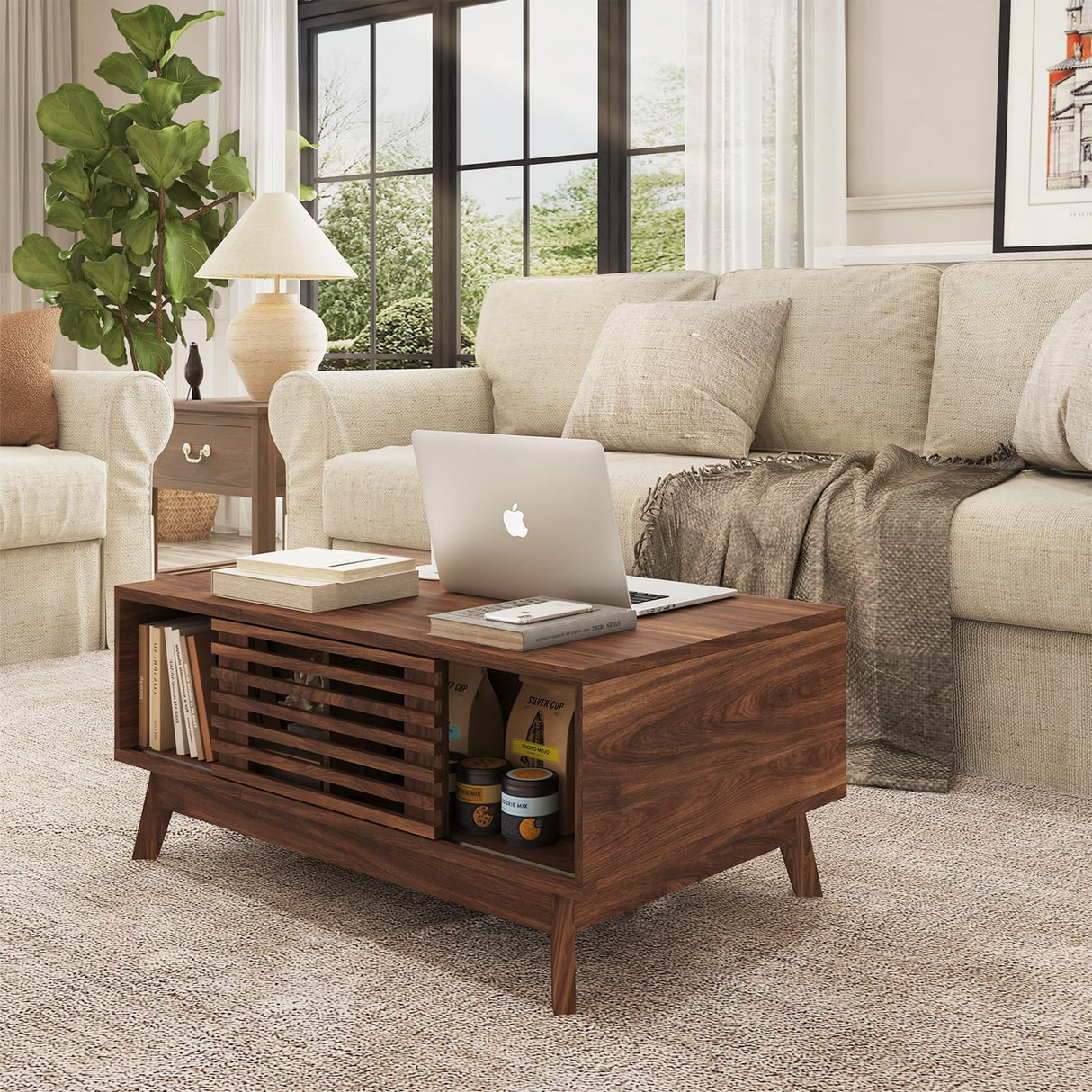 HAIOOU Coffee Table, Mid Century Modern Coffee Table with Storage, Lift Top Coffee Table for Living Room with Sliding Fence Door, 35.4'' Rectangular Fluted Coffee Table (Walnut Brown) HAIOOU