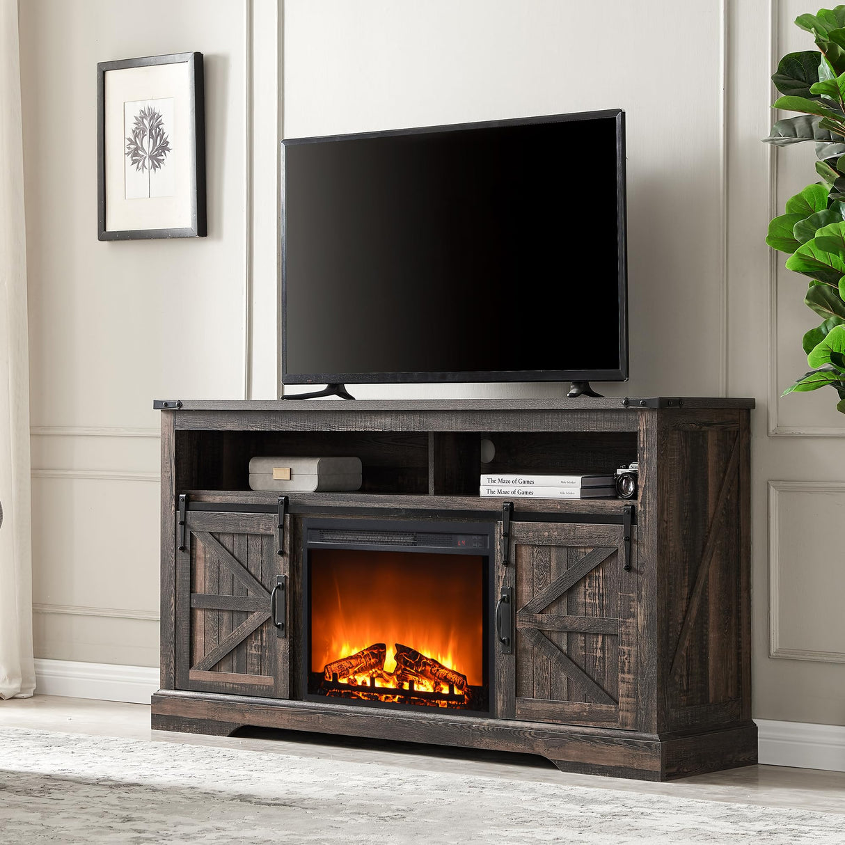OKD Fireplace TV Stand for 65+ Inch TV, 33" Tall Highboy Farmhouse Entertainment Center w/ 23'' Electric Fireplace, Rustic Media Console w/Sliding Barn Door for Living Room, Dark Rustic Oak OKD