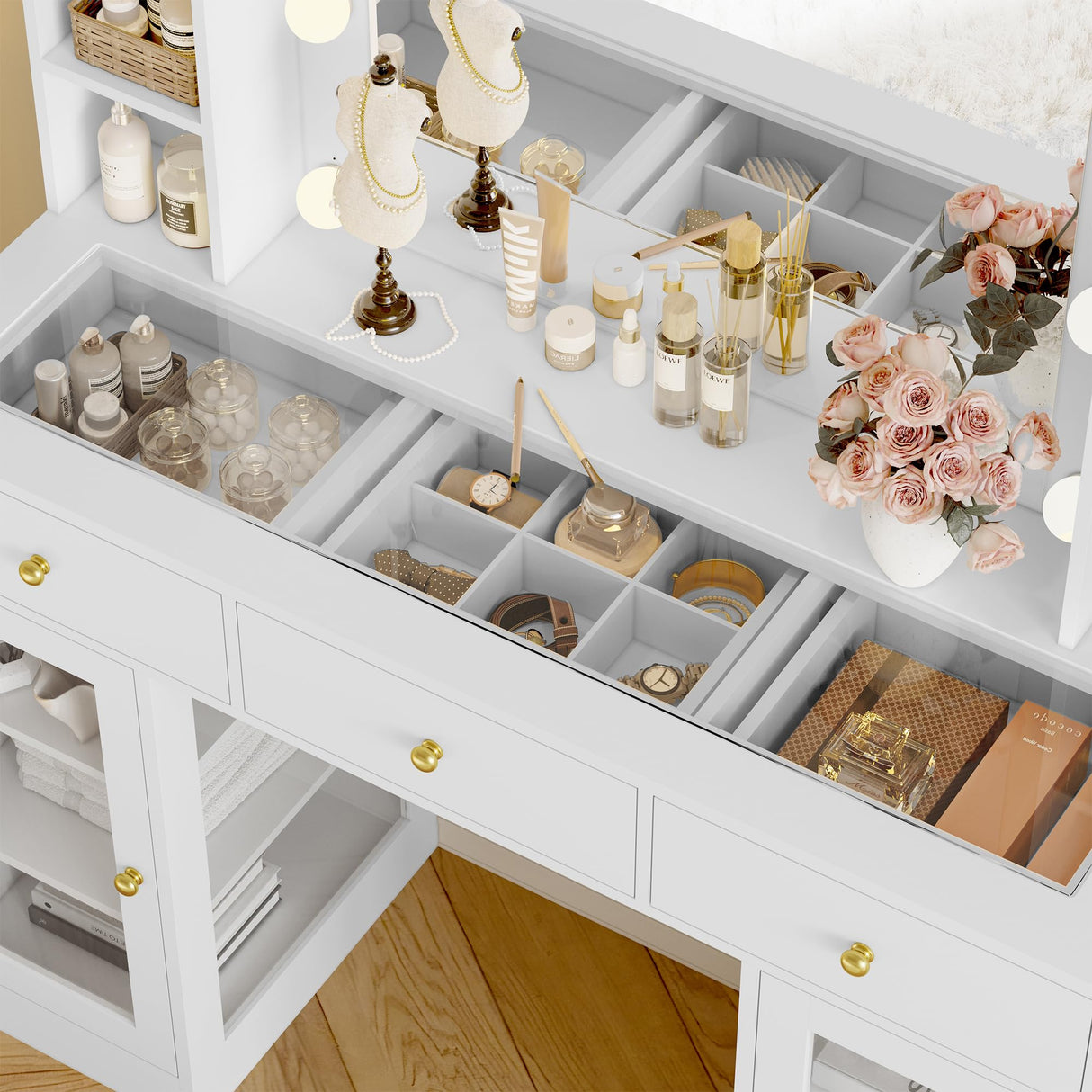 Wodeer Makeup Vanity Desk with Mirror and Lights, White Vanity with Glass Top, LED Lights & Power Outlet, 3 Drawers & 2 RGB Glass Cabinets, Adjustable Lighted Dressing Table for Women & Girls Bedroom Wodeer