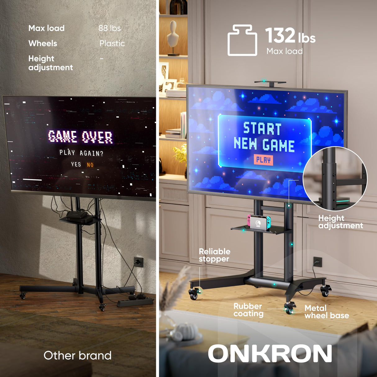 ONKRON Mobile TV Stand on Wheels for 32-75 Inch TVs up to 132 lbs, Height Adjustable TV Stand Portable 200x200-600x400 VESA Mobile TV Cart Rolling TV Stand with Shelf/TV Movable Stand Black ONKRON