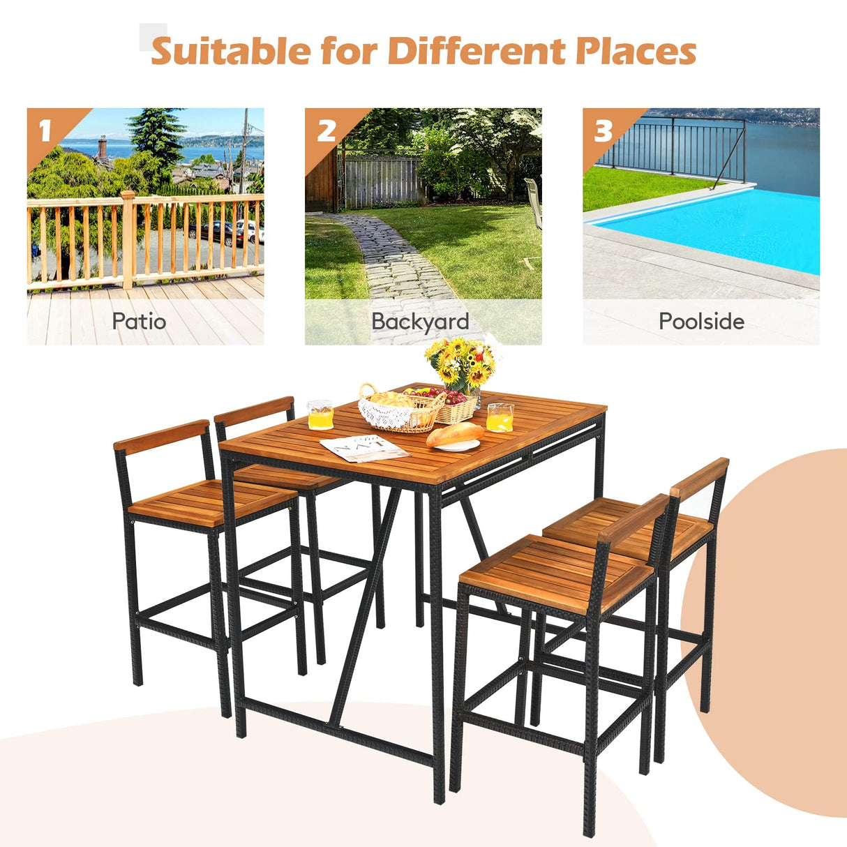 Tangkula 5-Piece Black Acacia Wood Bar Table Set with Rattan Stools and Umbrella Hole for Outdoor Spaces Tangkula