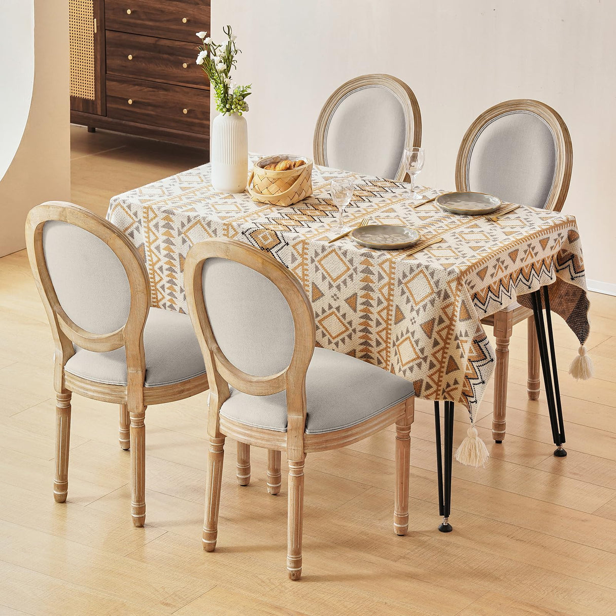 Furnimart French Country Vintage Dining Chairs Set of 4 Farmhouse Dining Chairs with Round Back and Solid Wood Legs, Oval Side Chairs for Kitchen Dining Room Living Room (Light Grey) Furnimart