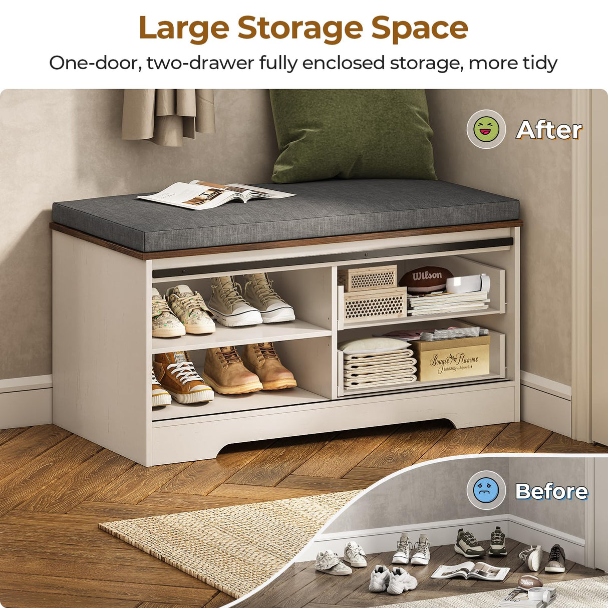 UPOSOJA Farmhouse Storage Bench with Cushion, Shoe Rack with Slide Barn Doors, Adjustable Shelf and 2 Drawer for Entry, Bedroom, Closet, Living Room, Hallway (White Brown, 40 in) UPOSOJA