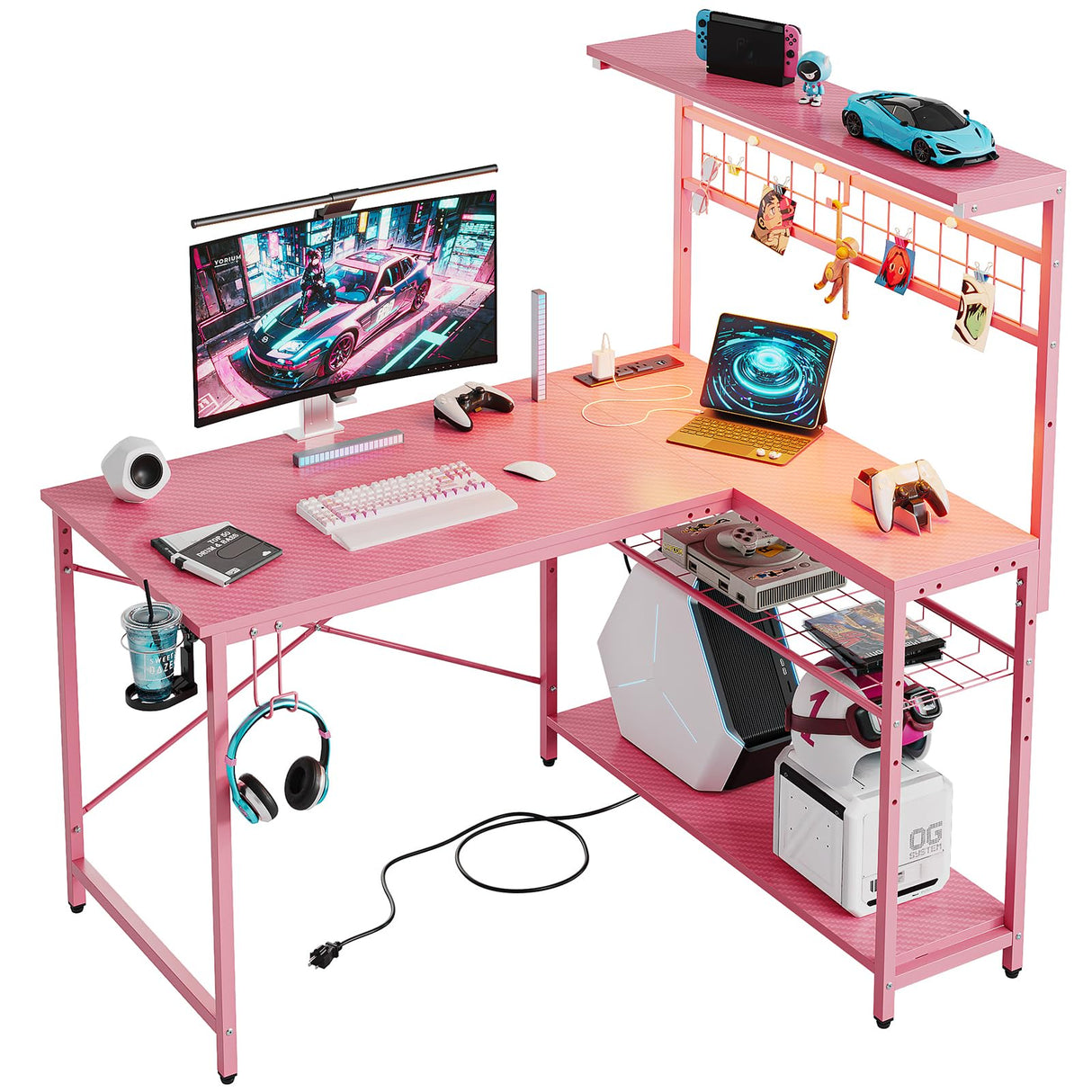 Bestier 42 L Gaming Desk,Computer Desk with Power Outlets, LED Lights, Reversible Corner Desk with 4-Tier Shelves,Cup Holder & Hook Carbon Fiber Pink Bestier