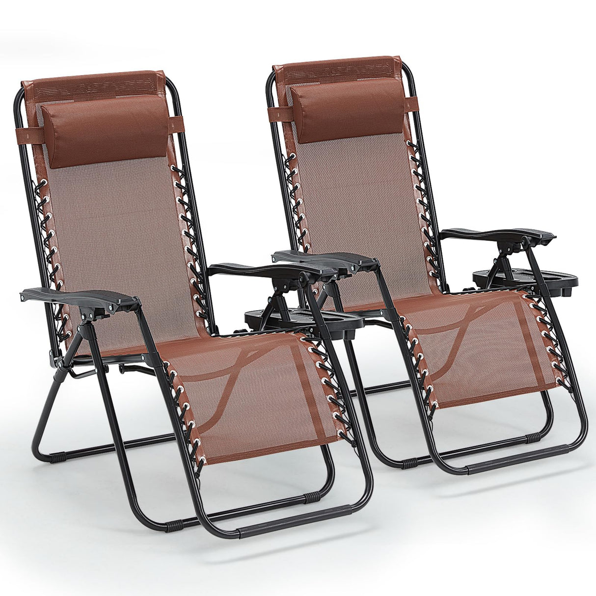 Zero Gravity Chair Set of 2, Folding Reclining zero gravity recliner lounge Chair 330lbs with Pillow and Cup Holder Trays, Steel Mesh outdoor recliners for patio Poolside Backyard Beach (Brown) BUPPLEE