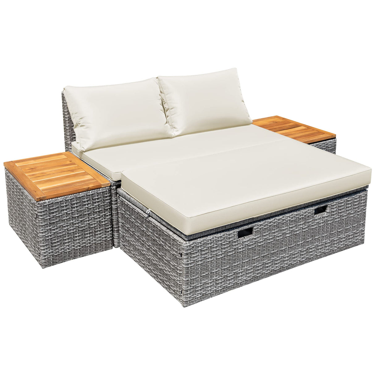 Devoko Outdoor Daybed Set Multifunctional Patio Day Bed Rattan Lounge Bed with 2 Side Tables for Backyard Porch Poolside Lawn Beach (Beige White) Devoko