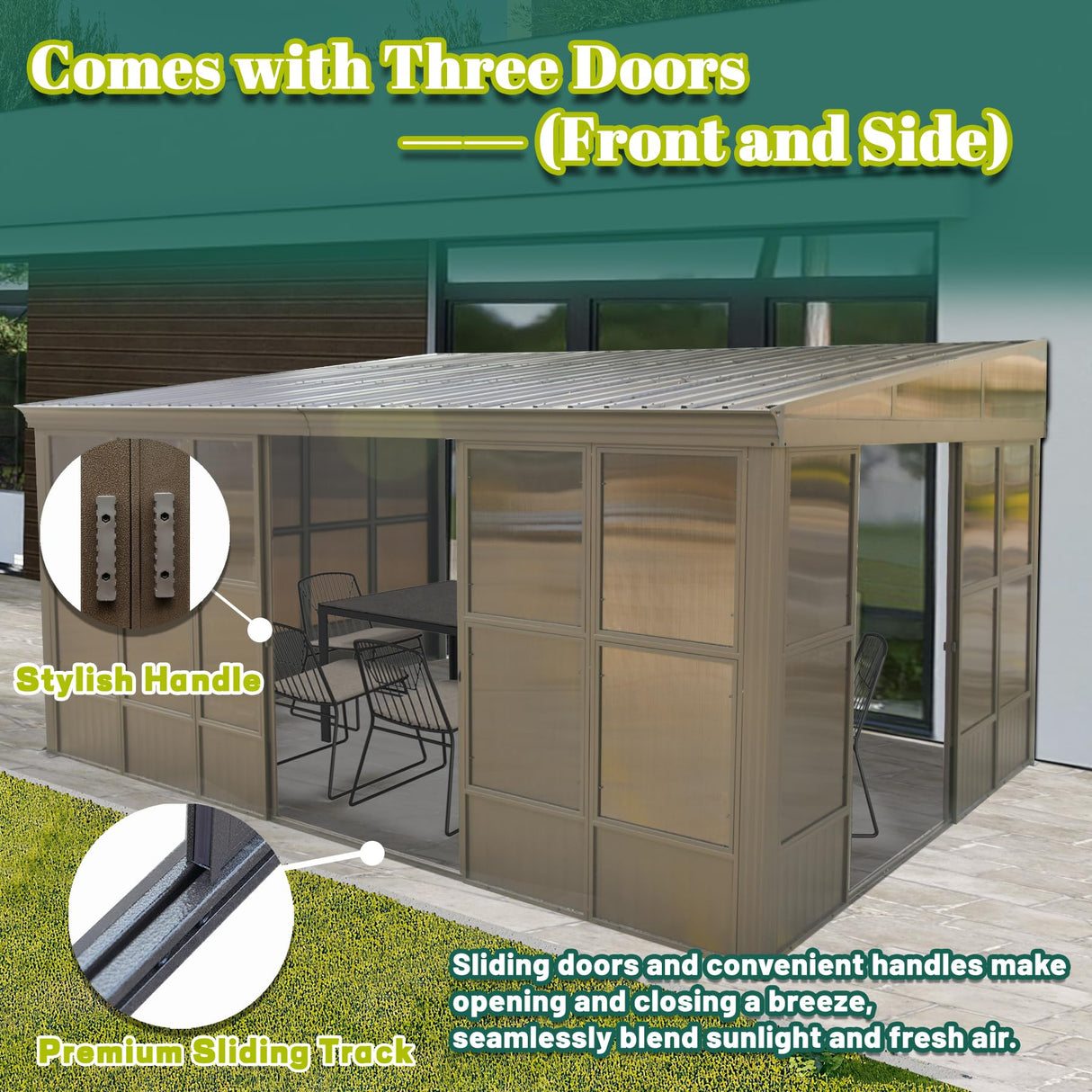 Domi 12x16FT Wall Mounted Sunroom, Against Wall Solarium with Galvanized Steel Sloping Roof, Detachable PC Screen, Front and Two Side Sliding Doors, Lean-to Gazebo Sun Room for Patio Deck domi outdoor living