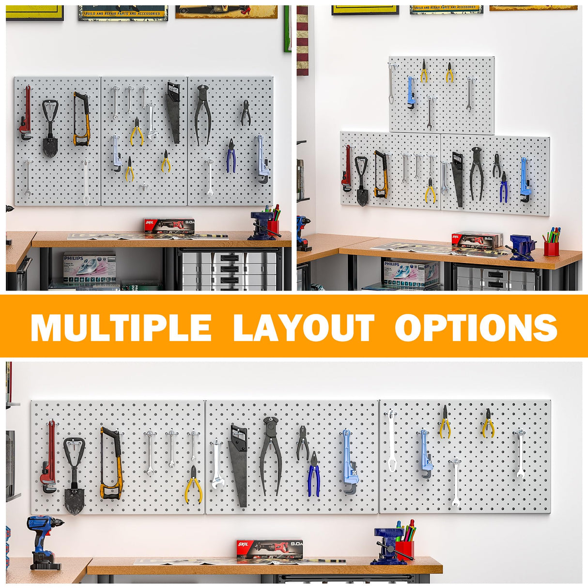 Pegboard Smith Metal Pegboard Panels, 16" x 12" Heavy-Duty Wall Peg Boards for Garage Tool Storage, Pegboard Organizer System (Pack of 3, Gray) Pegboard Smith