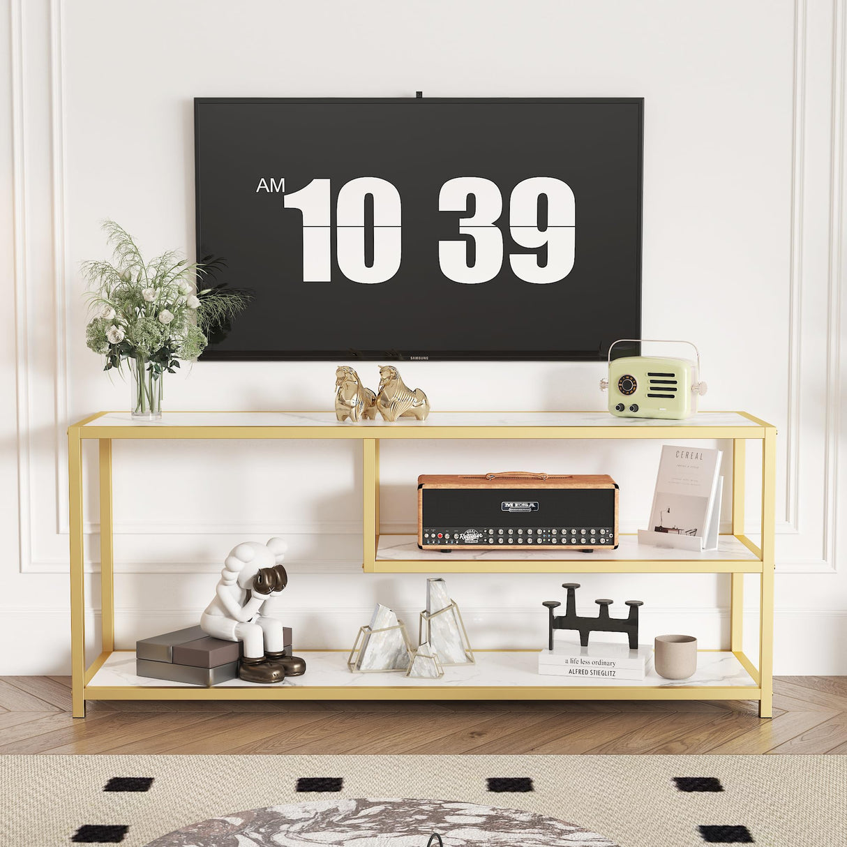 Function Home TV Stand for TVs up to 55 Inch, 3 Tier Entertainment Center, Media Console with Open Storage Shelves for Living Room Bedroom, 47” Modern TV Table with Faux Marble Top Gold Metal Leg Function Home