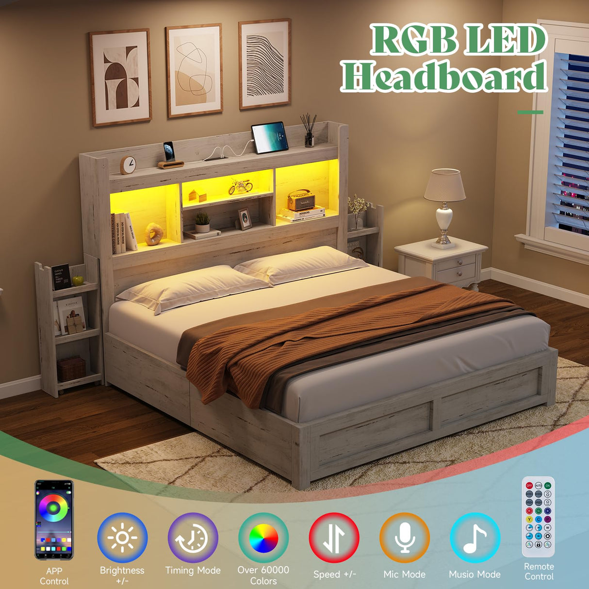 AMERLIFE Queen Bed Frame with 4 Storage Drawer, LED Bed Frame with 49.6" Tall Bookcase Headboard, Wood Platform Bed with Charging Station & 2 Slide Bedside Shelf, No Box Spring Needed/Distressed White AMERLIFE